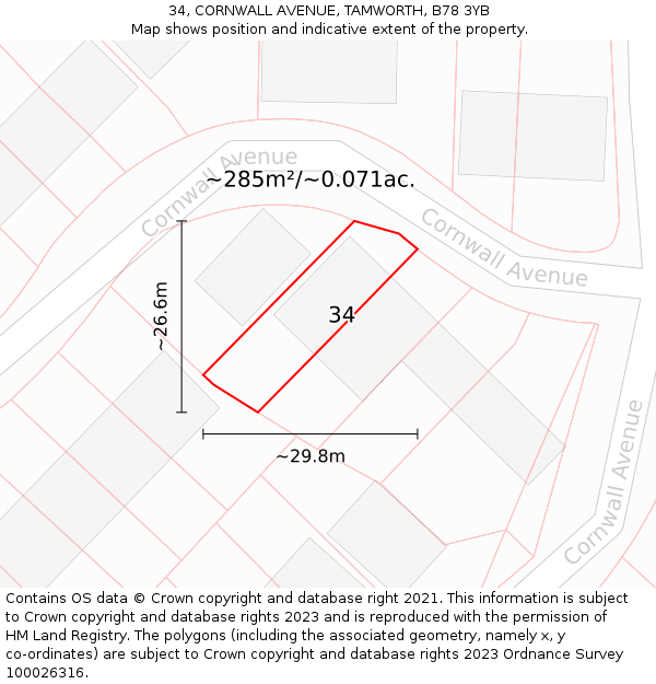 34, CORNWALL AVENUE, TAMWORTH, B78 3YB: Plot and title map