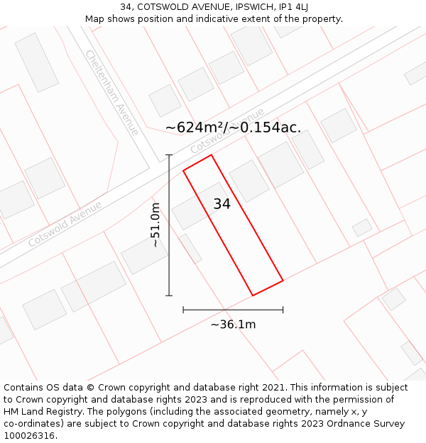 34, COTSWOLD AVENUE, IPSWICH, IP1 4LJ: Plot and title map