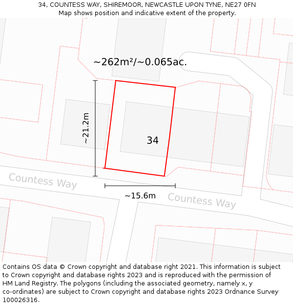 34, COUNTESS WAY, SHIREMOOR, NEWCASTLE UPON TYNE, NE27 0FN: Plot and title map