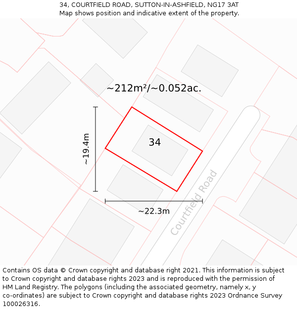 34, COURTFIELD ROAD, SUTTON-IN-ASHFIELD, NG17 3AT: Plot and title map