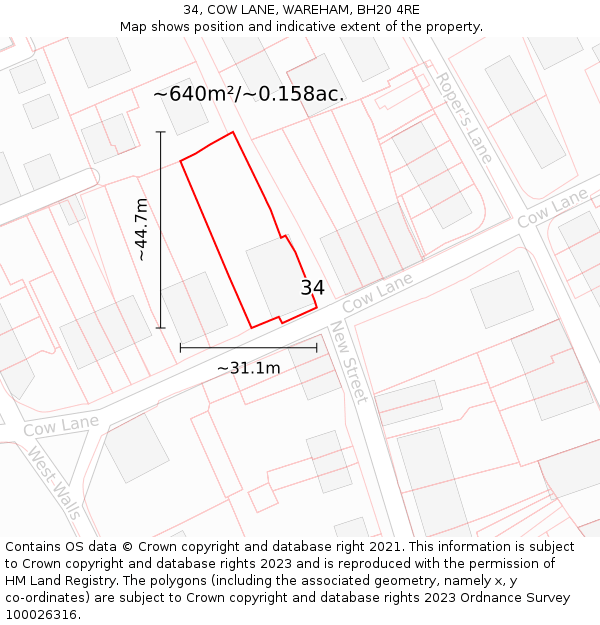 34, COW LANE, WAREHAM, BH20 4RE: Plot and title map