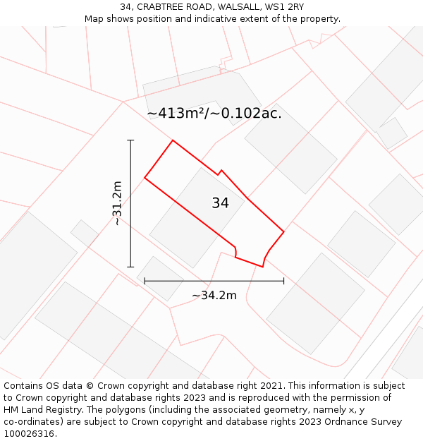 34, CRABTREE ROAD, WALSALL, WS1 2RY: Plot and title map
