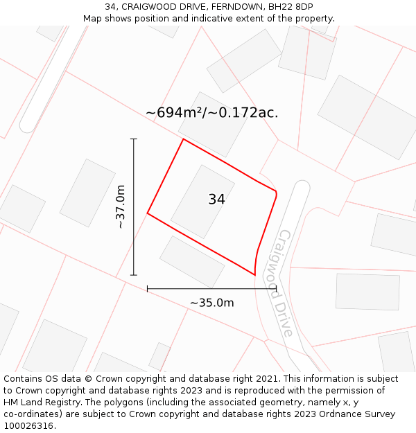 34, CRAIGWOOD DRIVE, FERNDOWN, BH22 8DP: Plot and title map