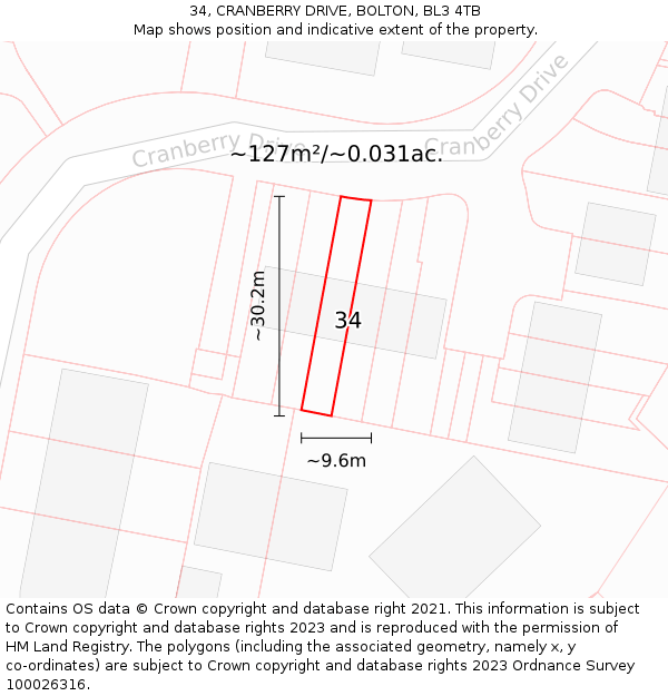 34, CRANBERRY DRIVE, BOLTON, BL3 4TB: Plot and title map