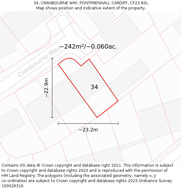 34, CRANBOURNE WAY, PONTPRENNAU, CARDIFF, CF23 8SL: Plot and title map