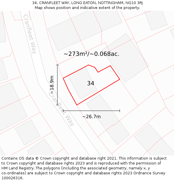 34, CRANFLEET WAY, LONG EATON, NOTTINGHAM, NG10 3RJ: Plot and title map