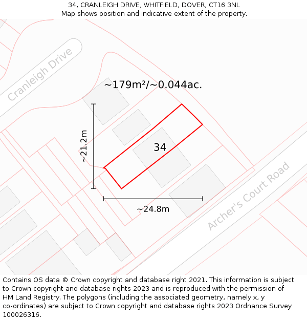 34, CRANLEIGH DRIVE, WHITFIELD, DOVER, CT16 3NL: Plot and title map