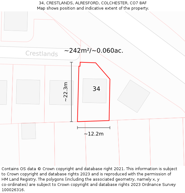 34, CRESTLANDS, ALRESFORD, COLCHESTER, CO7 8AF: Plot and title map