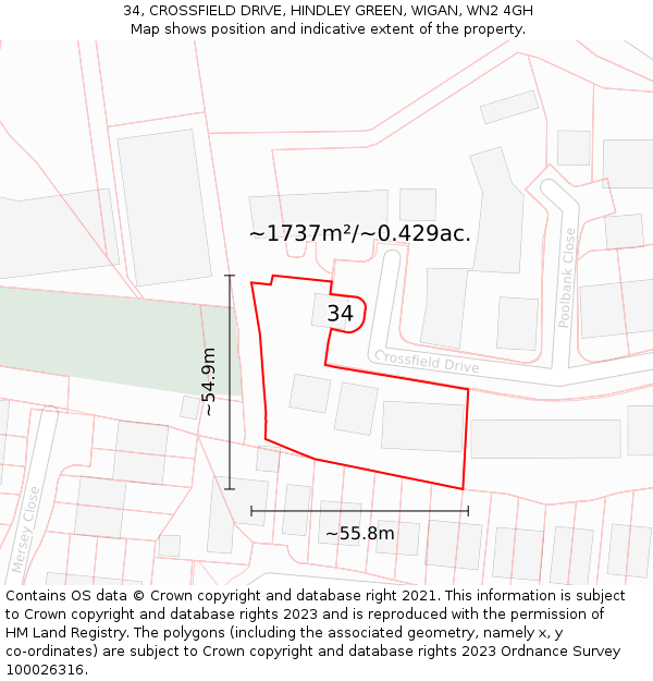 34, CROSSFIELD DRIVE, HINDLEY GREEN, WIGAN, WN2 4GH: Plot and title map