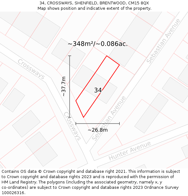 34, CROSSWAYS, SHENFIELD, BRENTWOOD, CM15 8QX: Plot and title map