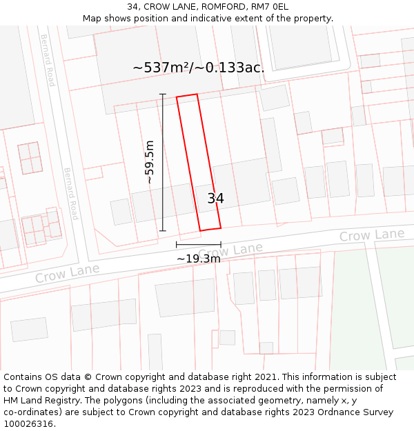 34, CROW LANE, ROMFORD, RM7 0EL: Plot and title map