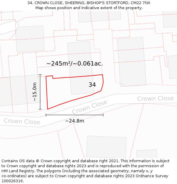 34, CROWN CLOSE, SHEERING, BISHOP'S STORTFORD, CM22 7NX: Plot and title map