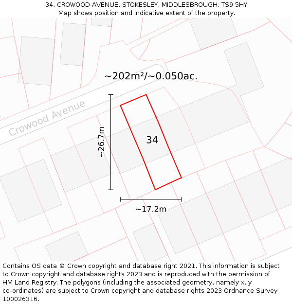 34, CROWOOD AVENUE, STOKESLEY, MIDDLESBROUGH, TS9 5HY: Plot and title map