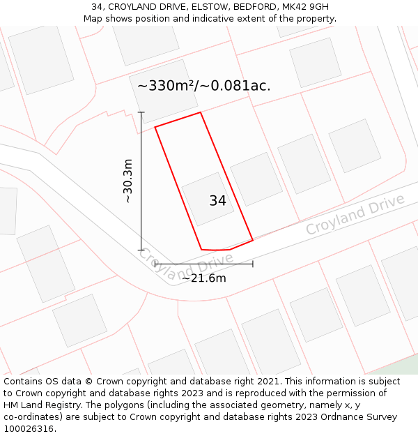 34, CROYLAND DRIVE, ELSTOW, BEDFORD, MK42 9GH: Plot and title map