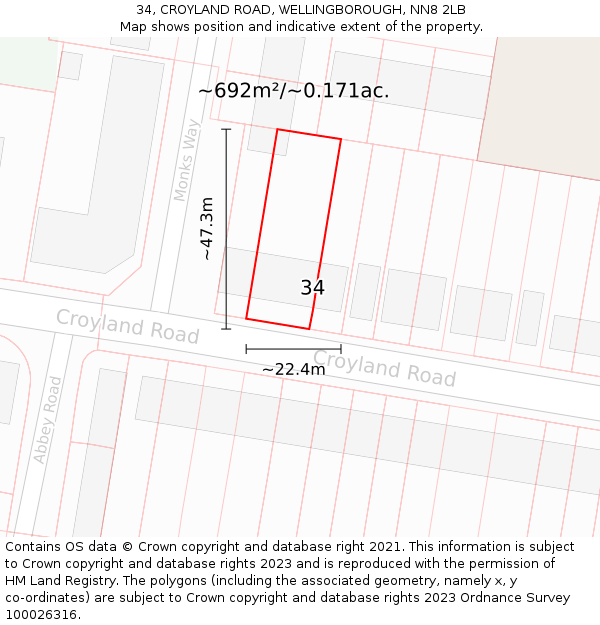 34, CROYLAND ROAD, WELLINGBOROUGH, NN8 2LB: Plot and title map