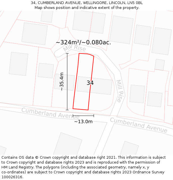 34, CUMBERLAND AVENUE, WELLINGORE, LINCOLN, LN5 0BL: Plot and title map