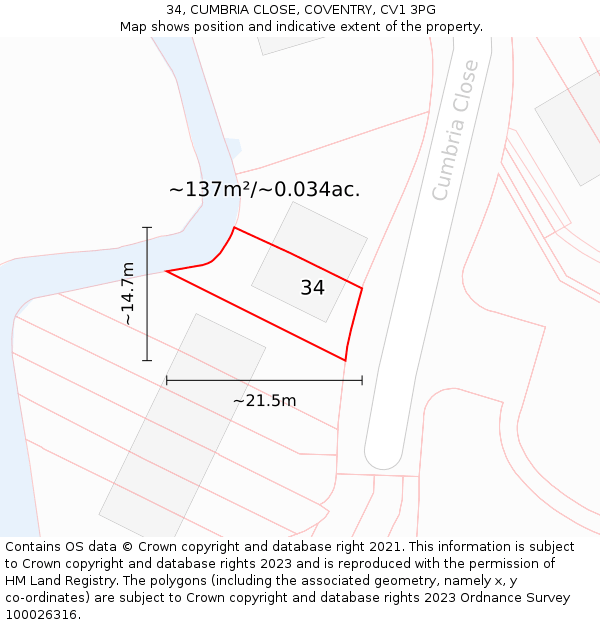 34, CUMBRIA CLOSE, COVENTRY, CV1 3PG: Plot and title map
