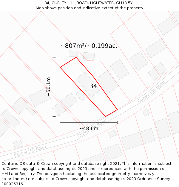 34, CURLEY HILL ROAD, LIGHTWATER, GU18 5YH: Plot and title map