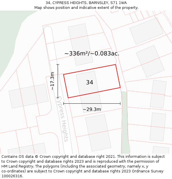 34, CYPRESS HEIGHTS, BARNSLEY, S71 1WA: Plot and title map