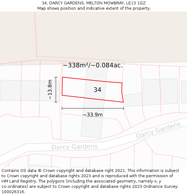 34, DARCY GARDENS, MELTON MOWBRAY, LE13 1GZ: Plot and title map