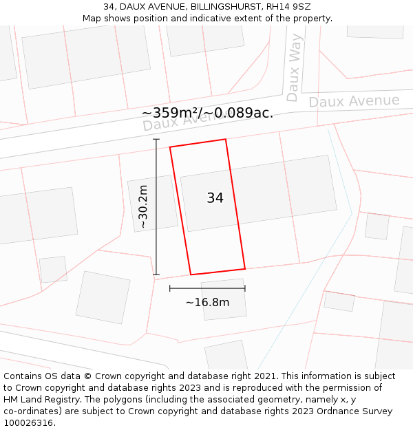 34, DAUX AVENUE, BILLINGSHURST, RH14 9SZ: Plot and title map