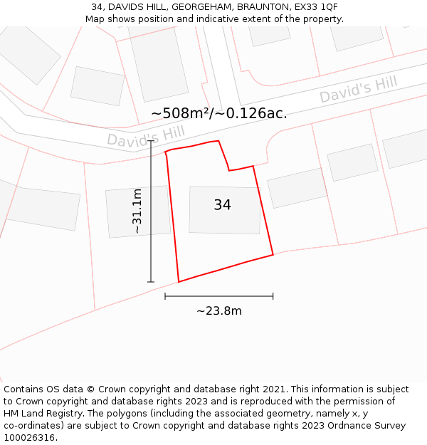 34, DAVIDS HILL, GEORGEHAM, BRAUNTON, EX33 1QF: Plot and title map