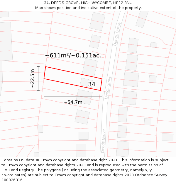 34, DEEDS GROVE, HIGH WYCOMBE, HP12 3NU: Plot and title map