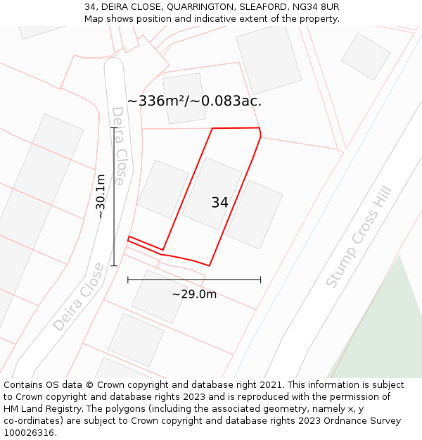 34, DEIRA CLOSE, QUARRINGTON, SLEAFORD, NG34 8UR: Plot and title map