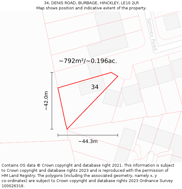 34, DENIS ROAD, BURBAGE, HINCKLEY, LE10 2LR: Plot and title map