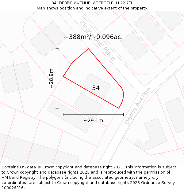 34, DERRIE AVENUE, ABERGELE, LL22 7TL: Plot and title map