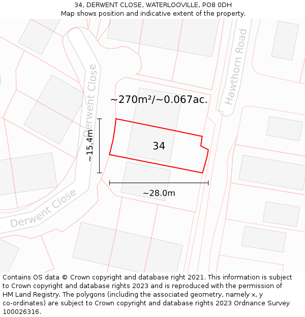 34, DERWENT CLOSE, WATERLOOVILLE, PO8 0DH: Plot and title map