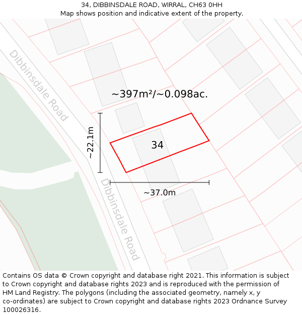 34, DIBBINSDALE ROAD, WIRRAL, CH63 0HH: Plot and title map