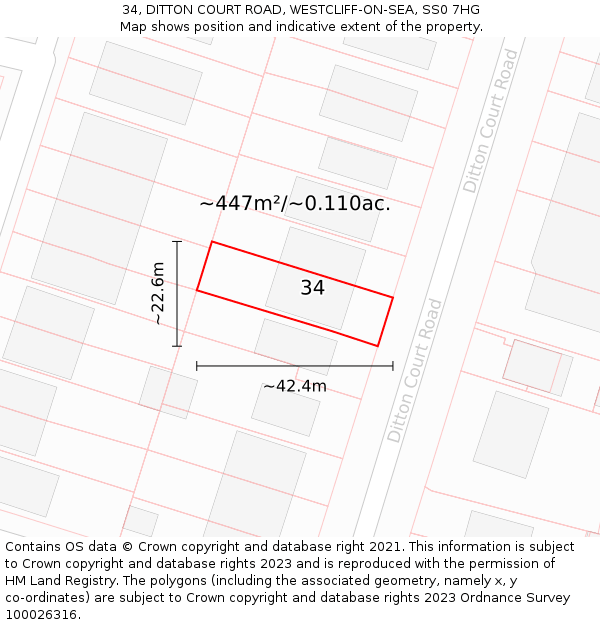 34, DITTON COURT ROAD, WESTCLIFF-ON-SEA, SS0 7HG: Plot and title map