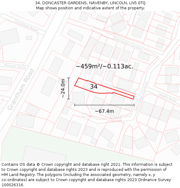 34, DONCASTER GARDENS, NAVENBY, LINCOLN, LN5 0TQ: Plot and title map