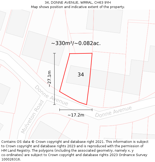34, DONNE AVENUE, WIRRAL, CH63 9YH: Plot and title map