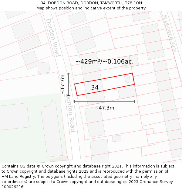 34, DORDON ROAD, DORDON, TAMWORTH, B78 1QN: Plot and title map