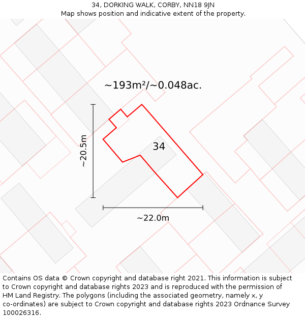 34, DORKING WALK, CORBY, NN18 9JN: Plot and title map