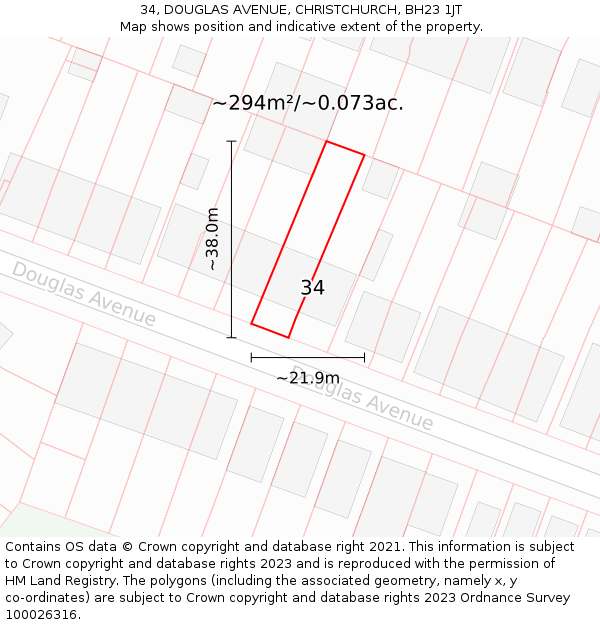 34, DOUGLAS AVENUE, CHRISTCHURCH, BH23 1JT: Plot and title map