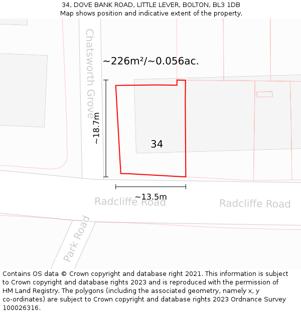 34, DOVE BANK ROAD, LITTLE LEVER, BOLTON, BL3 1DB: Plot and title map