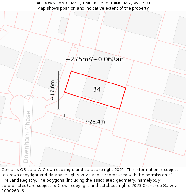 34, DOWNHAM CHASE, TIMPERLEY, ALTRINCHAM, WA15 7TJ: Plot and title map