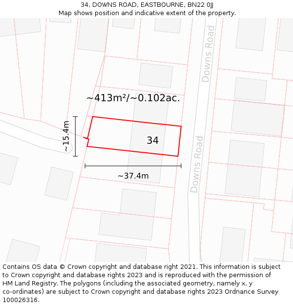 34, DOWNS ROAD, EASTBOURNE, BN22 0JJ: Plot and title map