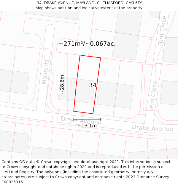 34, DRAKE AVENUE, MAYLAND, CHELMSFORD, CM3 6TY: Plot and title map