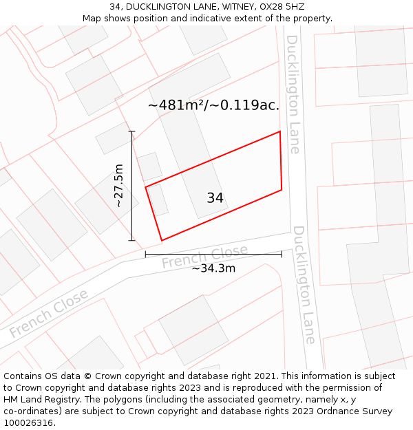 34, DUCKLINGTON LANE, WITNEY, OX28 5HZ: Plot and title map