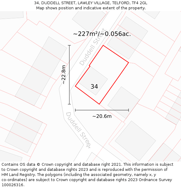 34, DUDDELL STREET, LAWLEY VILLAGE, TELFORD, TF4 2GL: Plot and title map