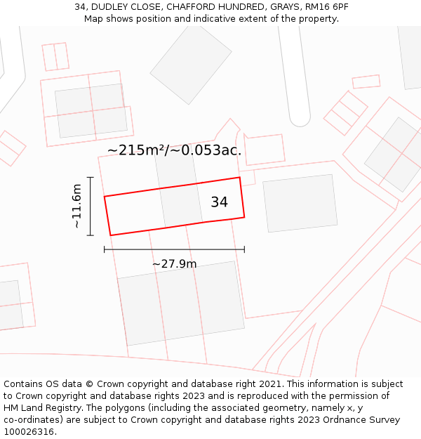 34, DUDLEY CLOSE, CHAFFORD HUNDRED, GRAYS, RM16 6PF: Plot and title map