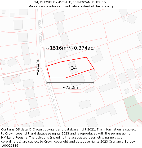 34, DUDSBURY AVENUE, FERNDOWN, BH22 8DU: Plot and title map