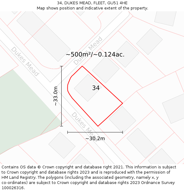 34, DUKES MEAD, FLEET, GU51 4HE: Plot and title map