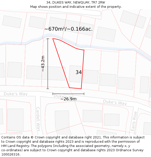 34, DUKES WAY, NEWQUAY, TR7 2RW: Plot and title map