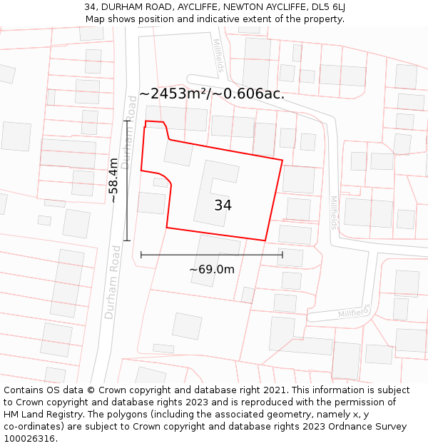 34, DURHAM ROAD, AYCLIFFE, NEWTON AYCLIFFE, DL5 6LJ: Plot and title map