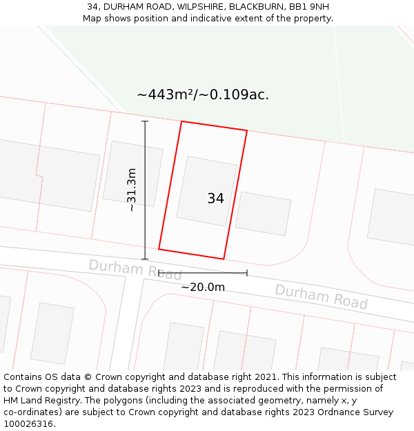 34, DURHAM ROAD, WILPSHIRE, BLACKBURN, BB1 9NH: Plot and title map